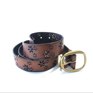 Brown Embossed Flower Laser Cut Leather Belt